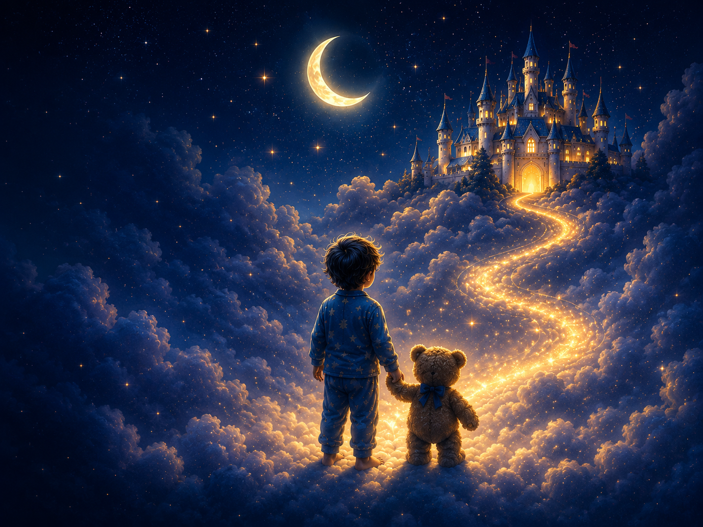 A young child in blue pajamas sitting on a cloud, looking at a glowing moon and a distant fairytale castle