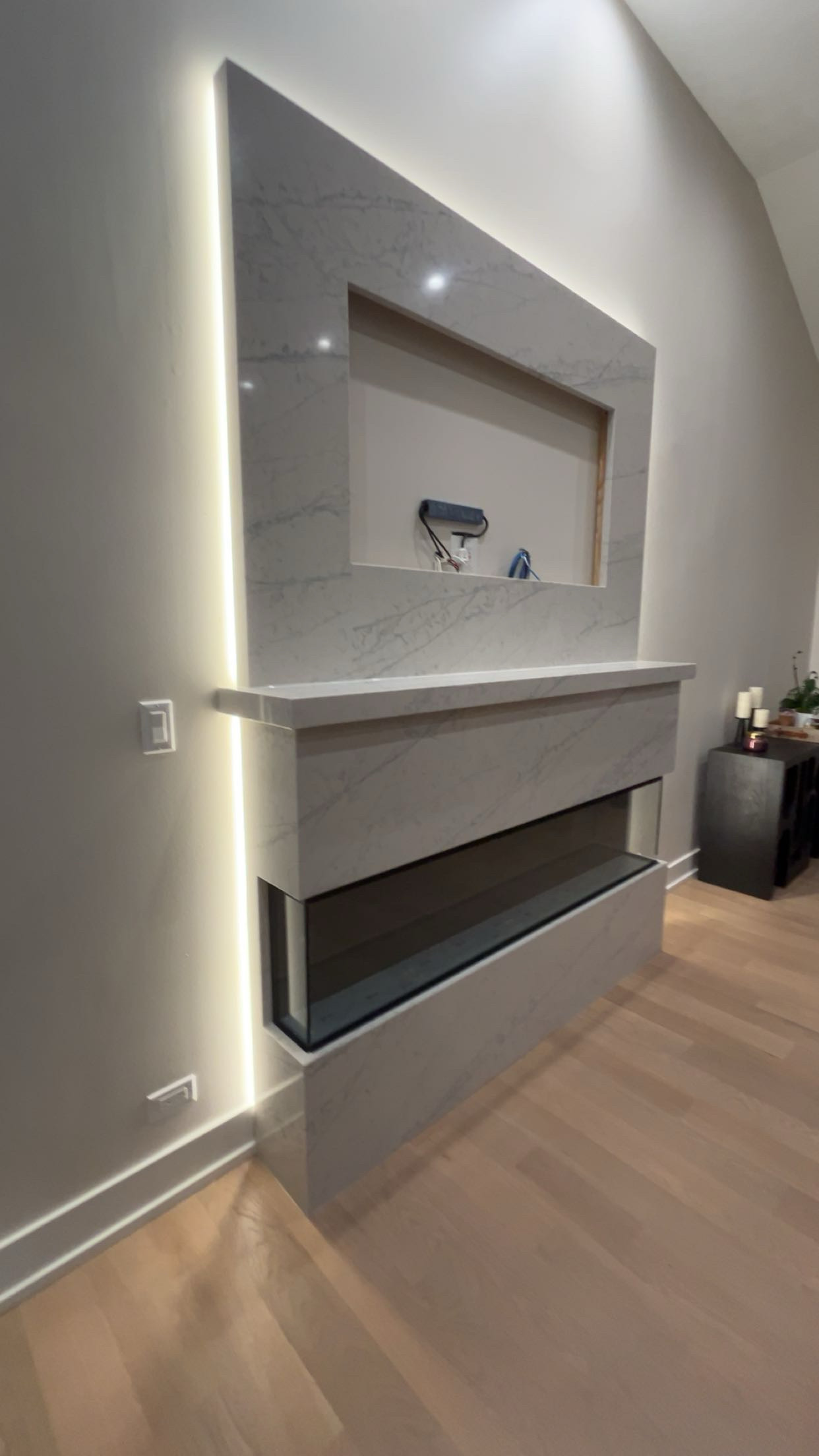 Modern minimalist bathroom with dark marble